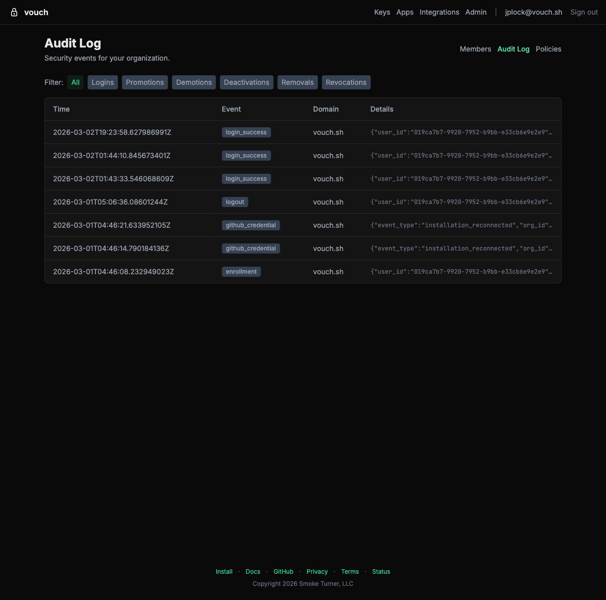 Audit Log page showing security events with timestamps, event types, domain, and details