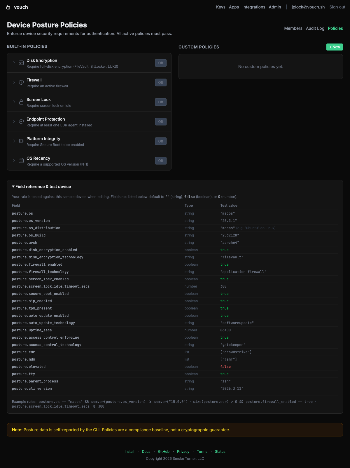 Policies page with field reference table expanded showing all posture fields