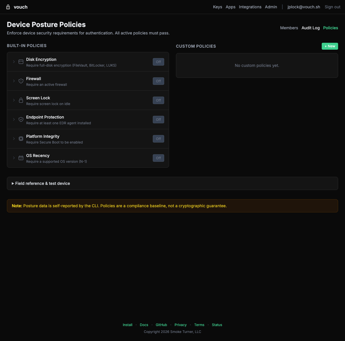 Device Posture Policies page showing built-in policies and custom policy controls