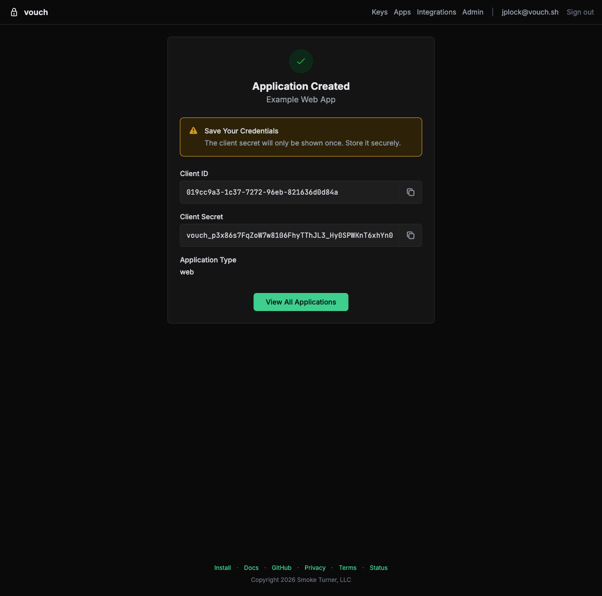 Application Created page showing client ID and client secret