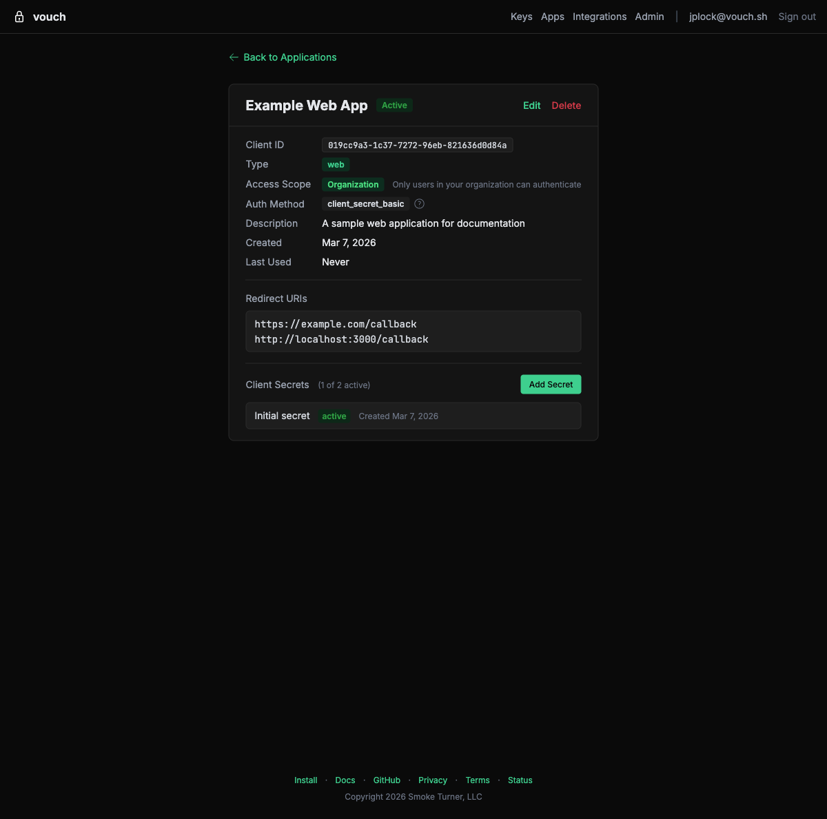 Application detail page showing configuration, redirect URIs, and client secret management