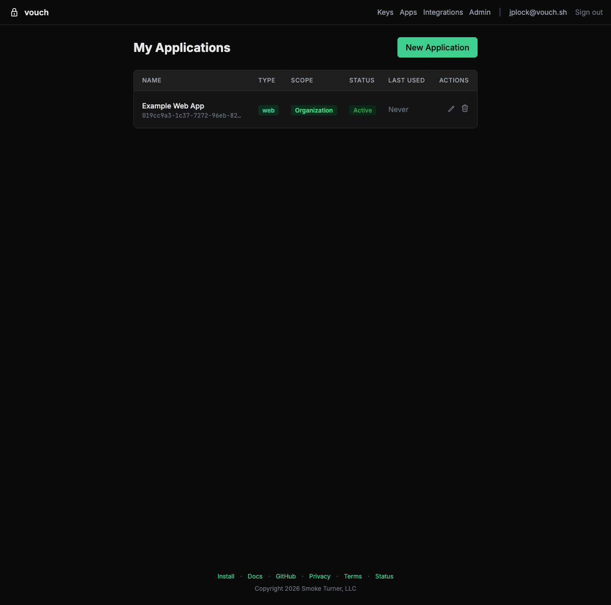 My Applications page showing registered applications with type, scope, and status