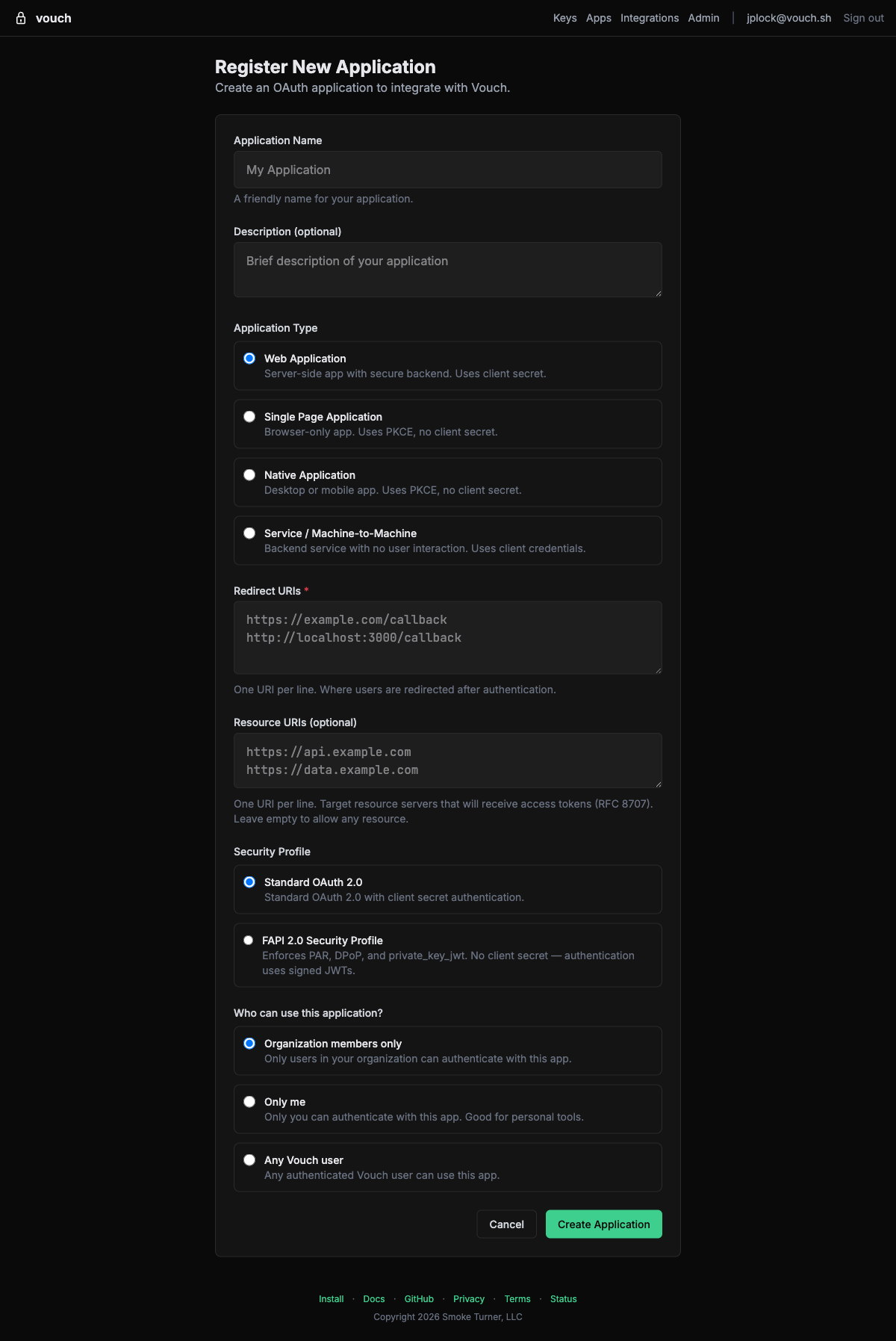 Register New Application form with application type, redirect URIs, and security profile options