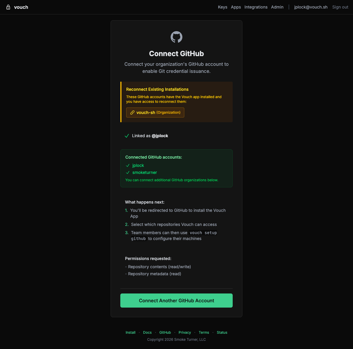 Connect GitHub page showing installation flow and connected accounts