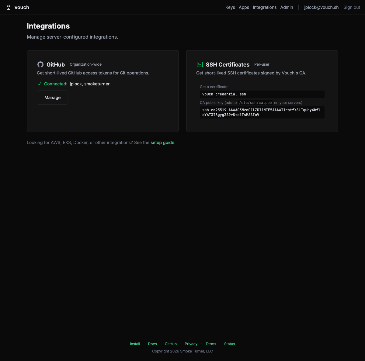 Integrations page showing SSH Certificates with CA public key