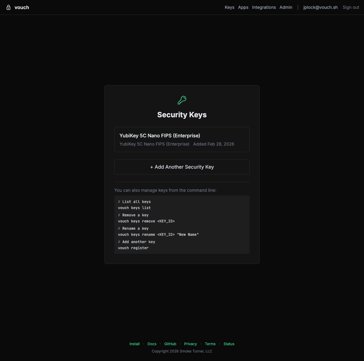 Security Keys page showing an enrolled YubiKey